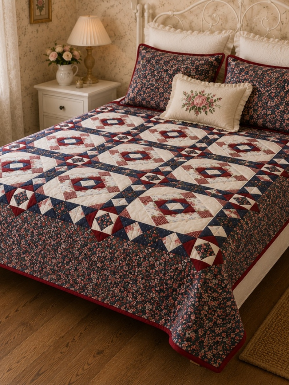 Vintage Floral Patchwork Quilt Blanket Cottage Farmhouse Full Queen
